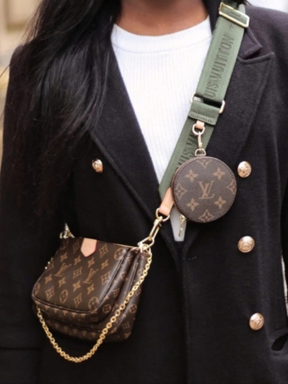 🟢3 IN 1 Monogram Canvas Multi-Pochette Crossbody Bag w/chain Army Green Strap